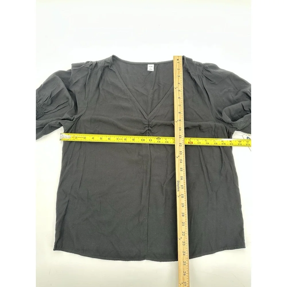 Old Navy Black Cinch Top L Puff Sleeve V Neck Blouse Minimalist Casual Office